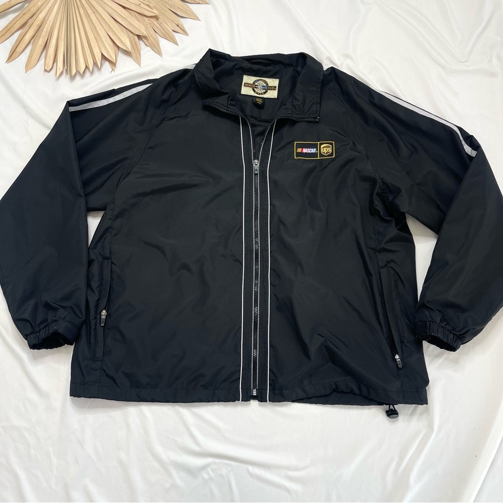 Vintage North End NASCAR x UPS Black Full Zip Windbreaker Slick Jacket Size XL
